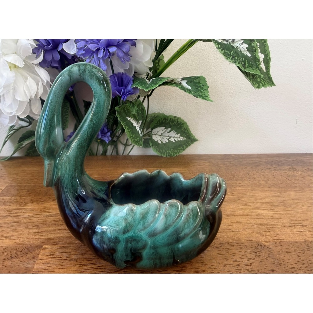 Vintage Blue Mountain Pottery Swan Planter Teal‎ Drip Glaze Canadian Art Pottery